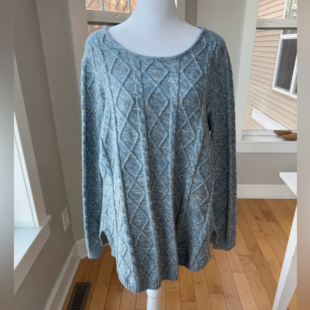 Coldwater Creek Heather Blue Green Boat Neck Cableknit Sweater Sz Medium Petite